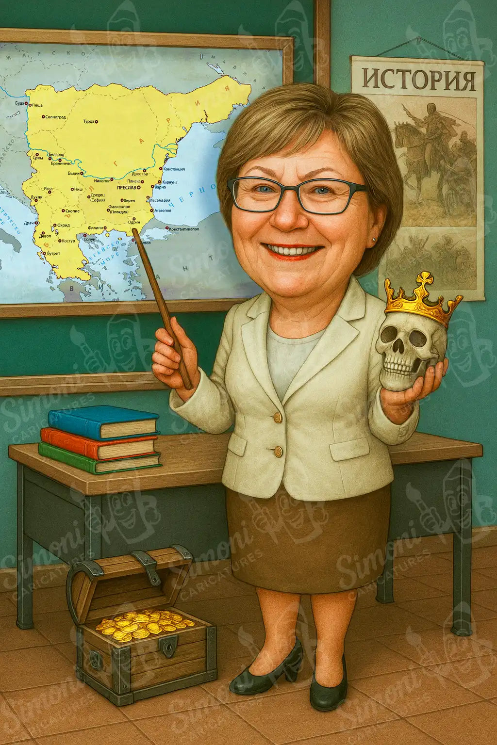 Карикатура на учителка по история с карта и череп с корона, тематичен портрет, персонализиран подарък Simoni Caricatures.